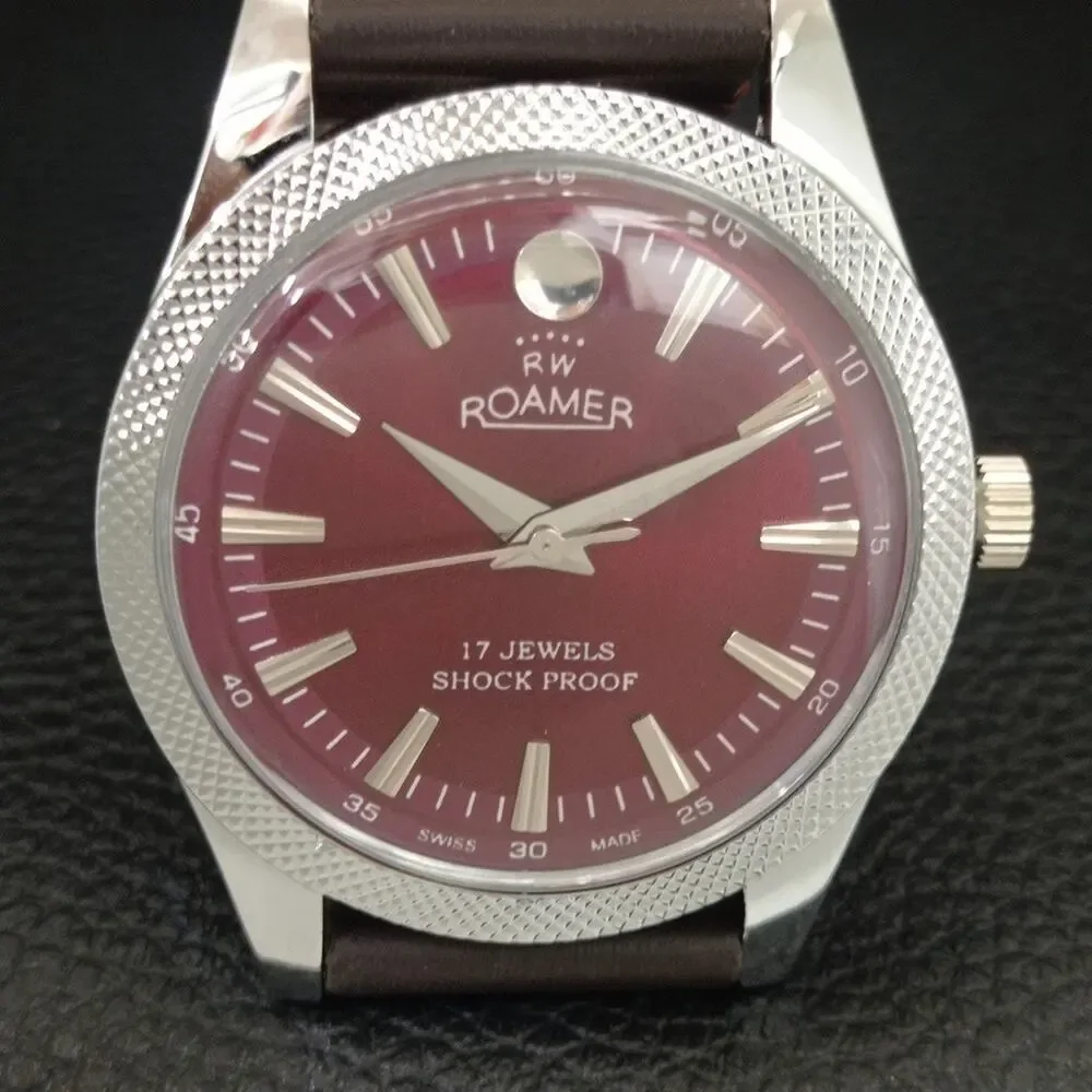 Vintage 1975 Roamer Manual Mens Silver Watch W/Leather Strap & Red accents